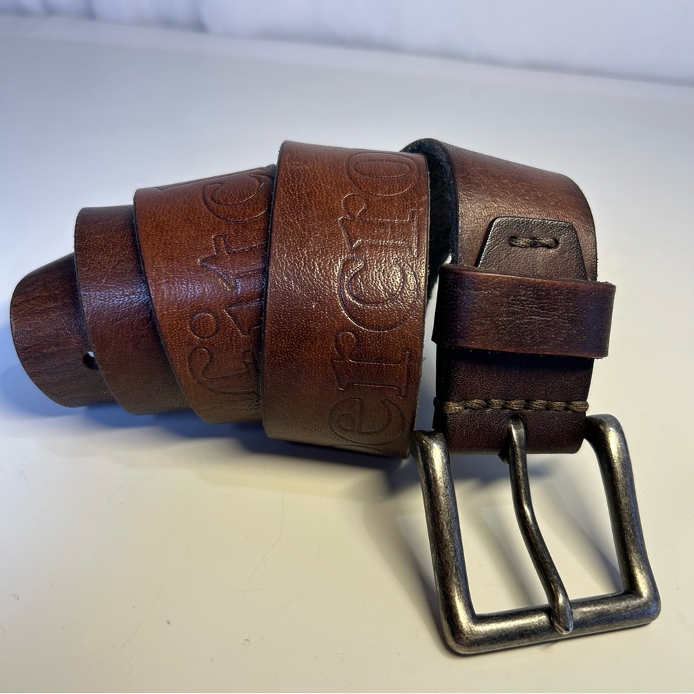 Abercrombie & Fitch Embossed Spell Out Brown Leather Belt. Size L/XL